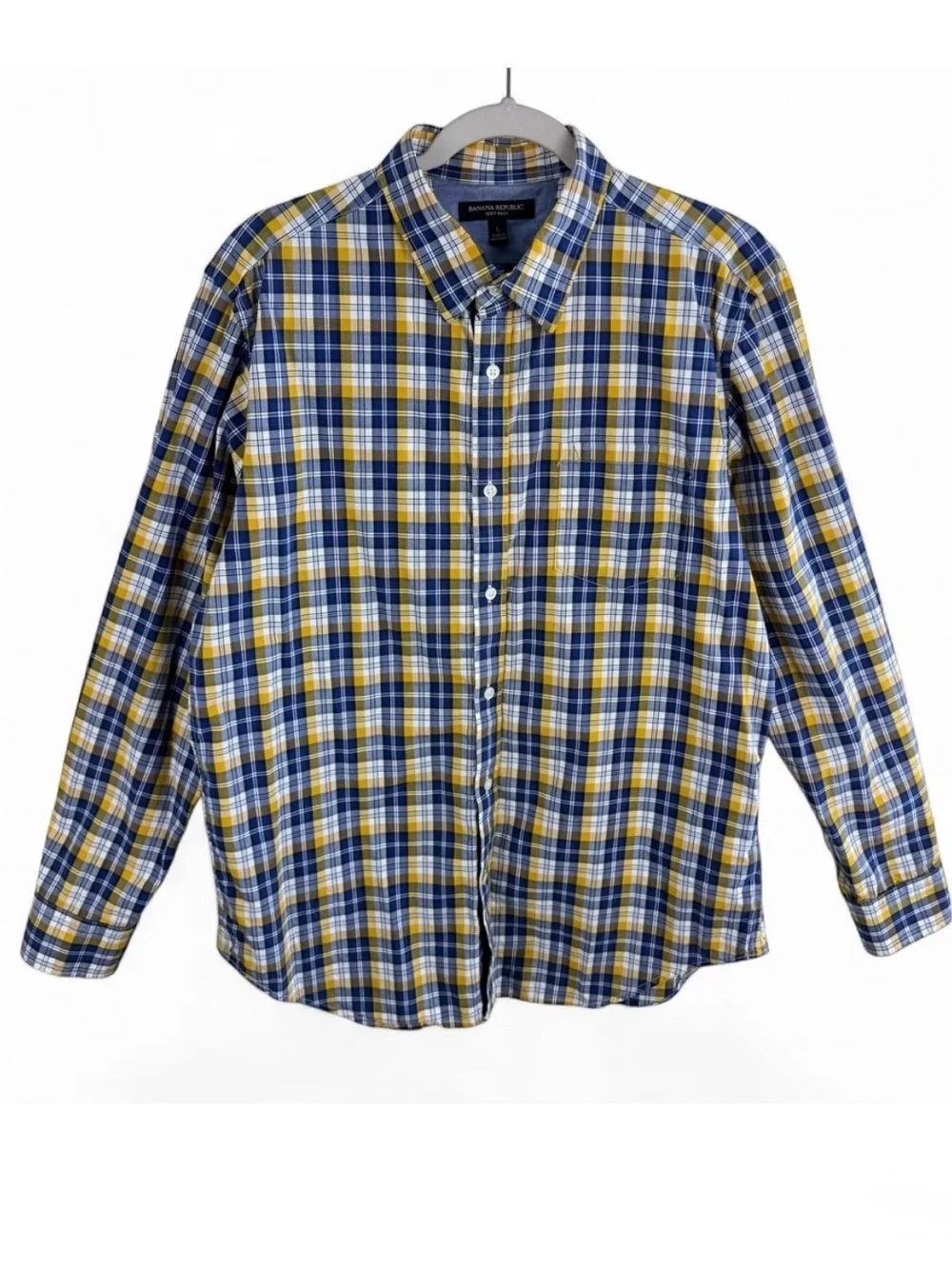 Banana Republic Soft Wash Mens Large Blue Yellow Plaid‎ Cotton Button Down Shirt